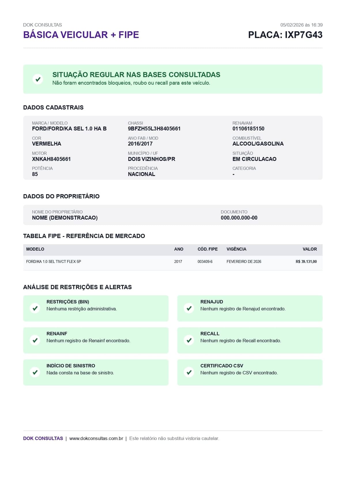 Exemplo de Consulta Básica Veicular + FIPE Dok Consultas