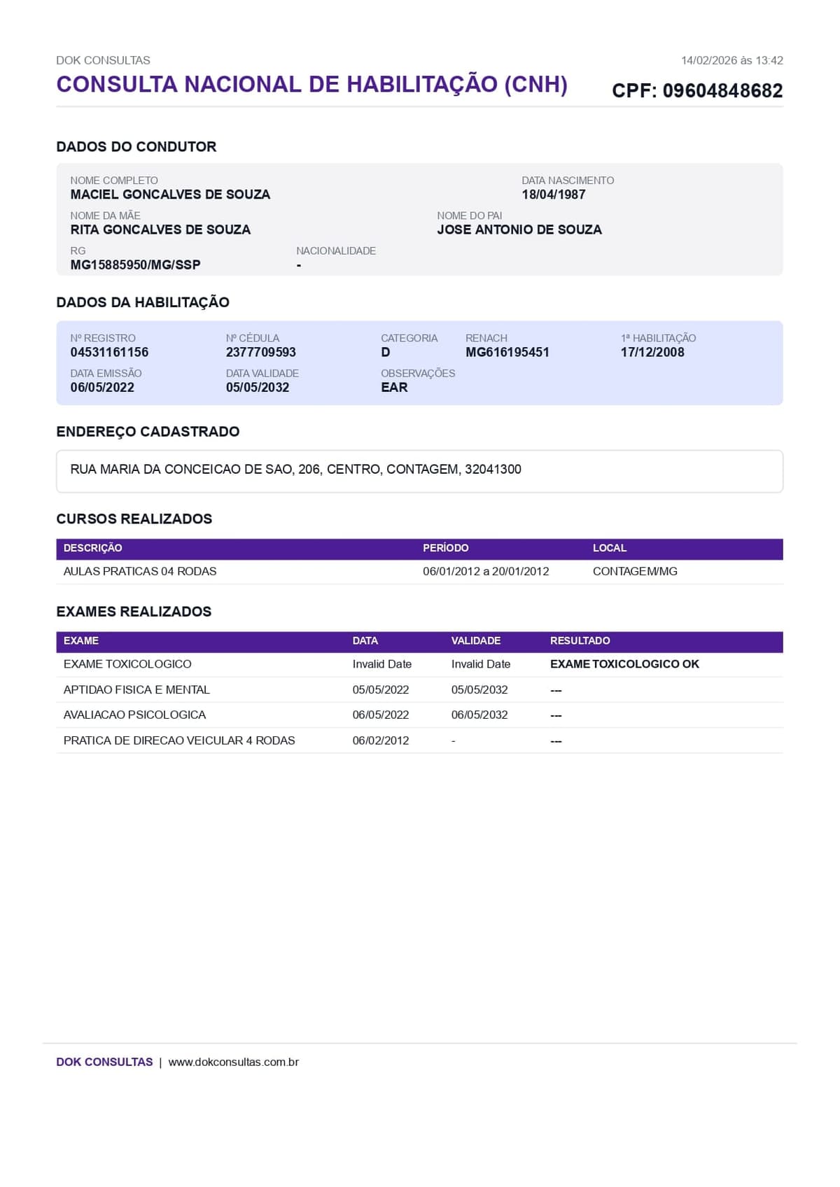 Exemplo de Consulta de CNH e Exame Toxicológico Dok Consultas