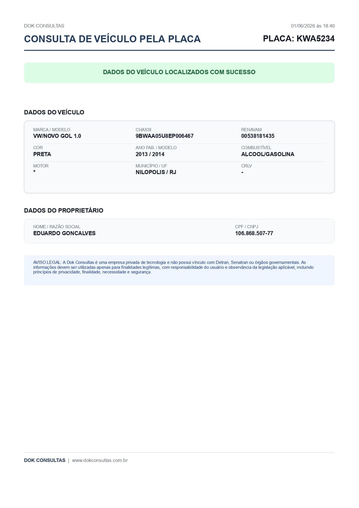 Exemplo de relatório de consulta de veículo pela placa Dok Consultas