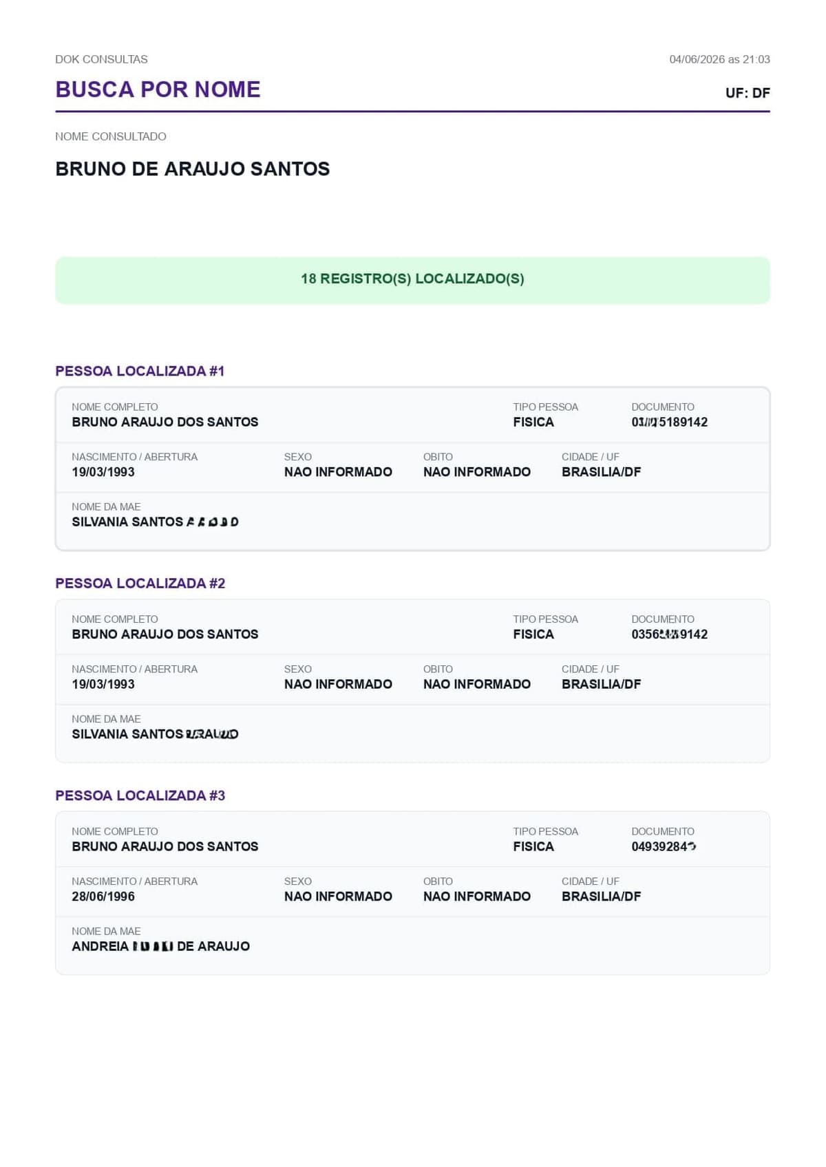 Exemplo de relatorio cadastral Dok Consultas