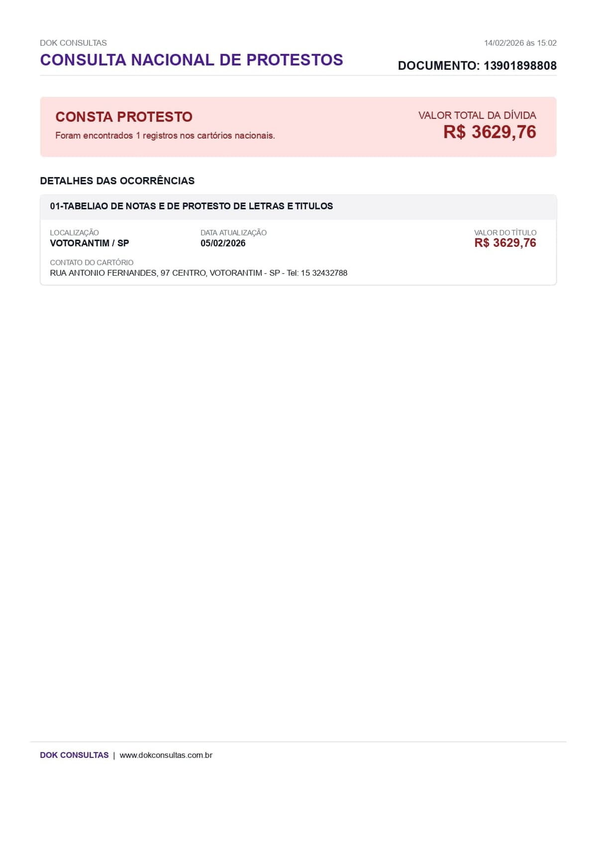 Exemplo de Relatório de Consulta Nacional de Protestos Dok Consultas