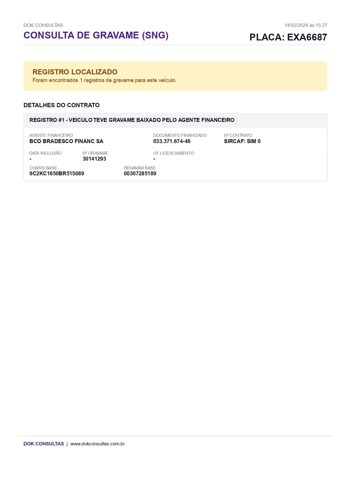 Exemplo de Consulta de Gravame Dok Consultas