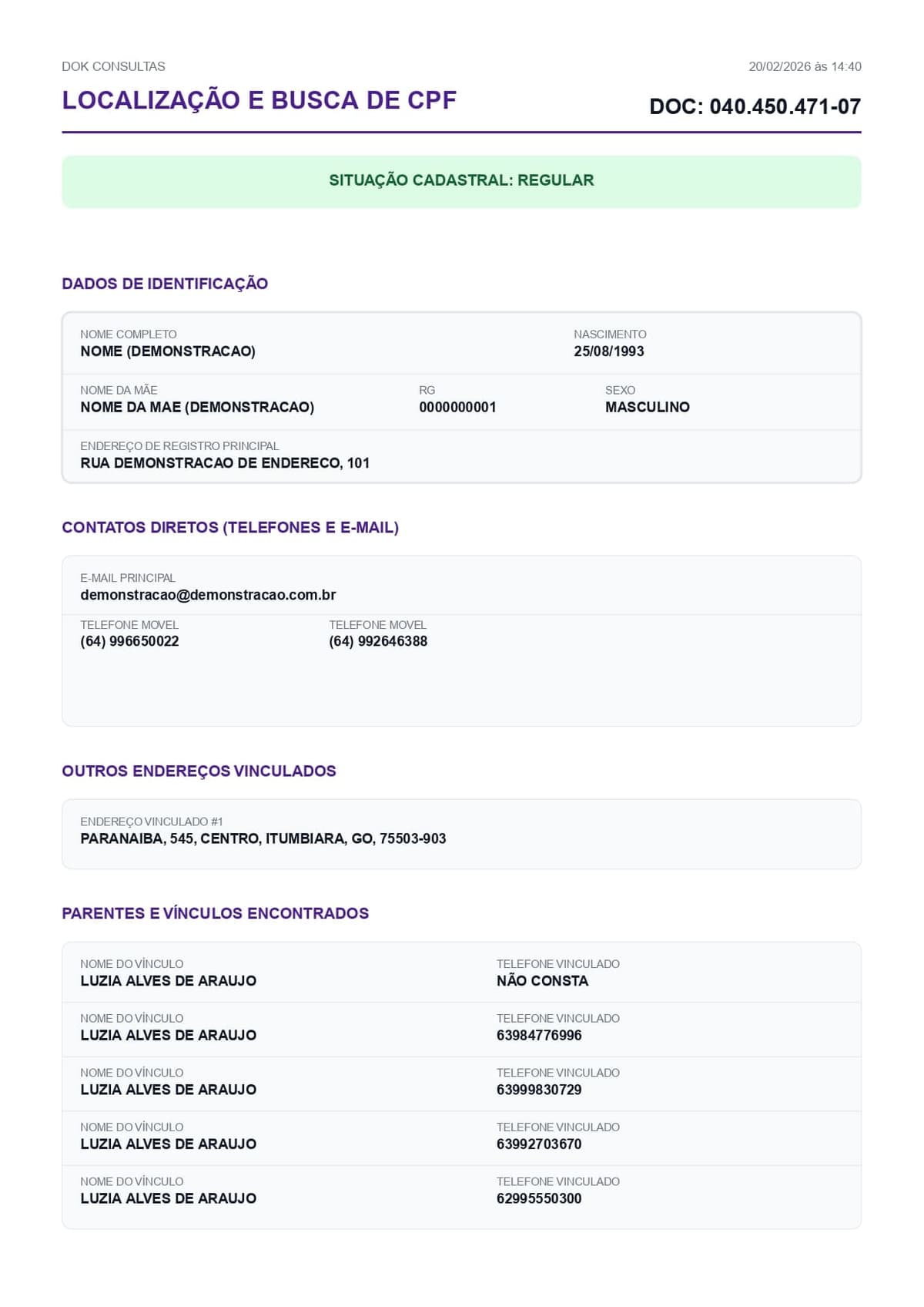 Exemplo de Relatório de Localização de CPF e CNPJ Dok Consultas