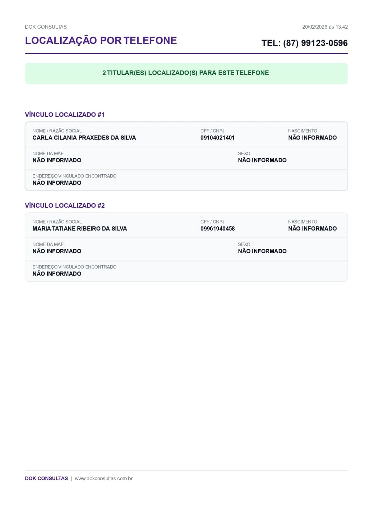 Exemplo de Relatório de Descoberta de Titular de Telefone Dok Consultas