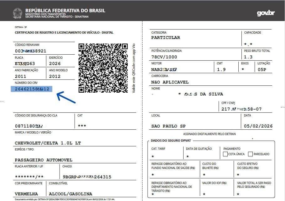Demonstração de onde fica o número do CRV no documento veicular