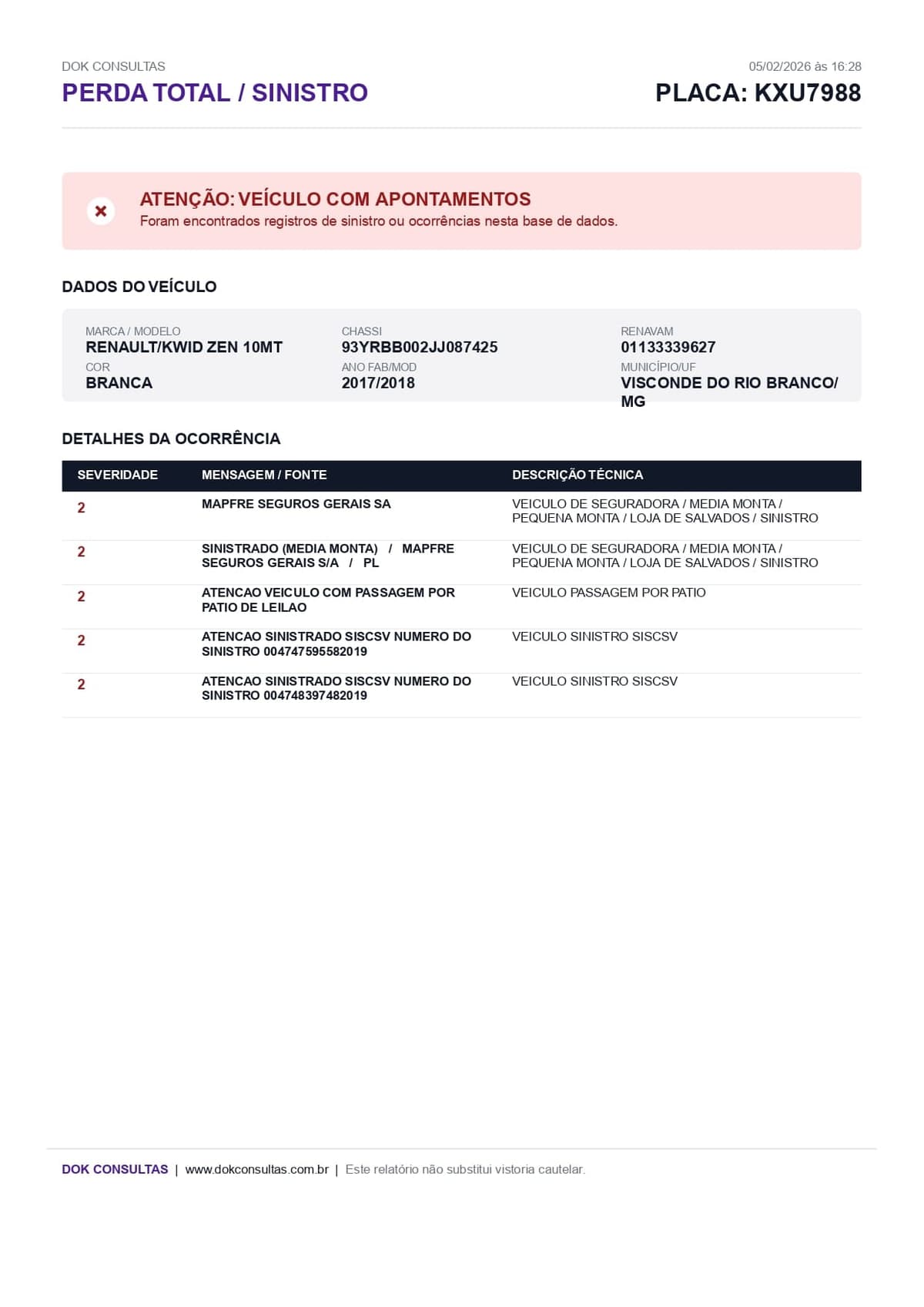 Exemplo de Consulta de Sinistro Dok Consultas